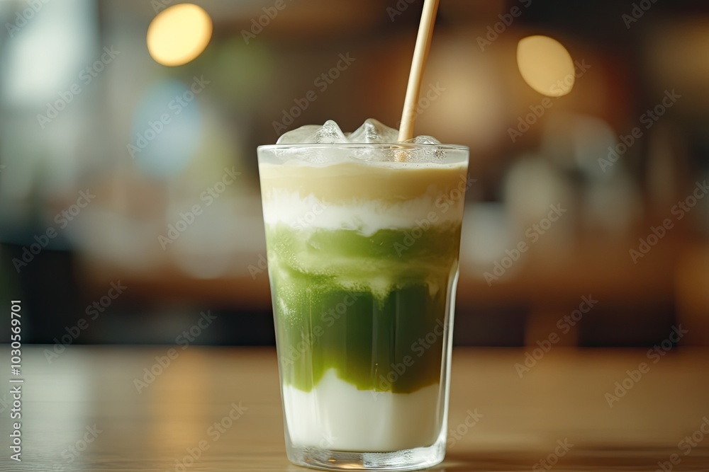 A glass of iced matcha latte with visible layers of matcha, milk, and ice, topped with a bamboo straw A glass of iced matcha latte with visible layers of matcha, milk, and ice, topped with a bamboo straw