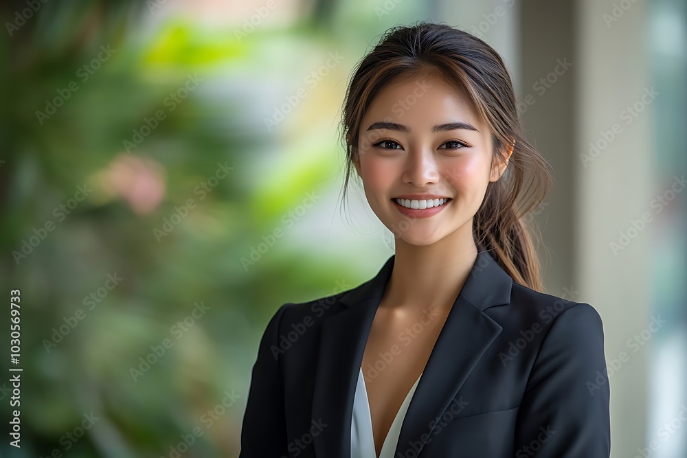 Smiling Businesswoman with Long Hair Looking Confident in Modern Office Smiling Businesswoman with Long Hair Looking Confident in Modern Office