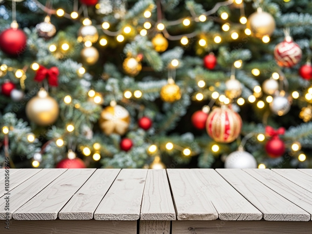 white The empty wooden table top with blur background of Christmas