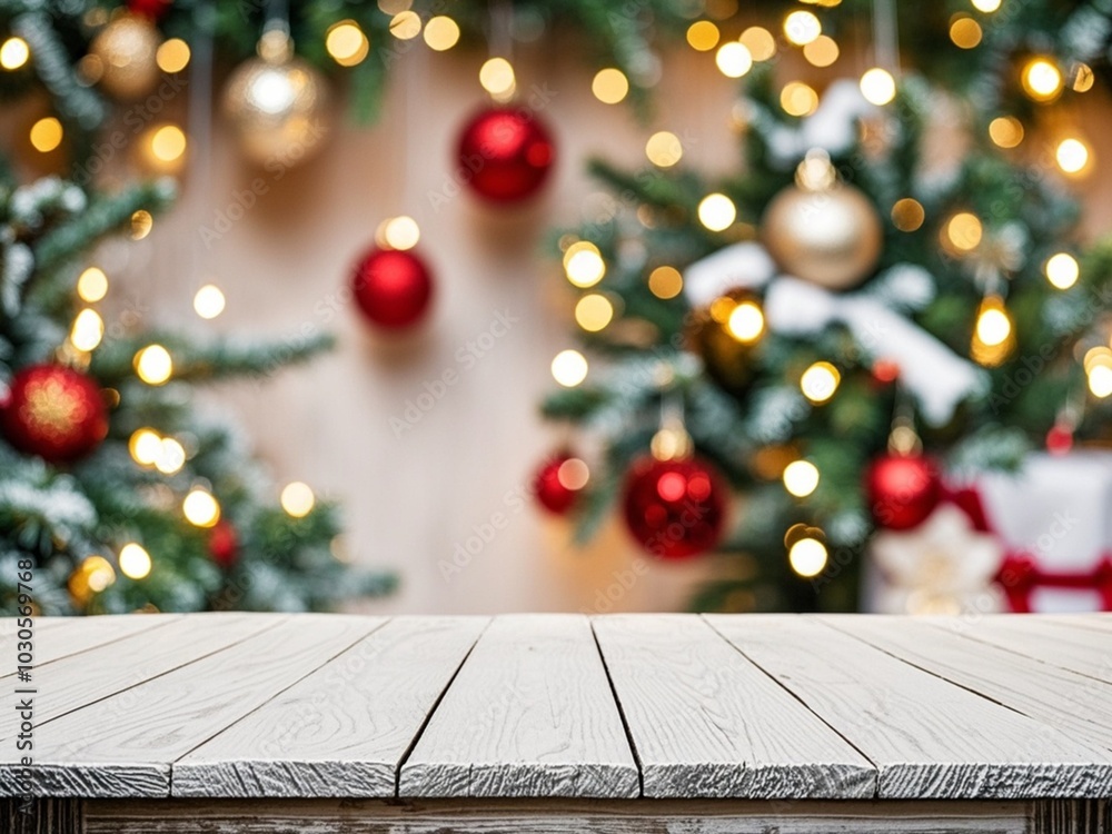 white The empty wooden table top with blur background of Christmas