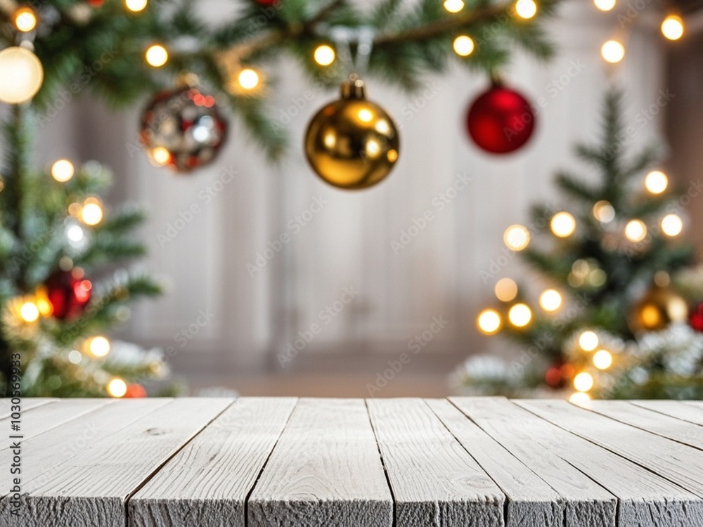 white The empty wooden table top with blur background of Christmas