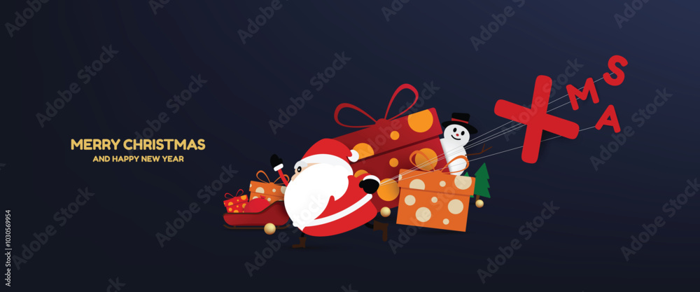 Naklejka premium Festive Christmas greeting card design featuring Santa Claus, gift boxes, and a holiday message. Perfect for seasonal banners and online marketing during the Christmas and New Year celebrations.