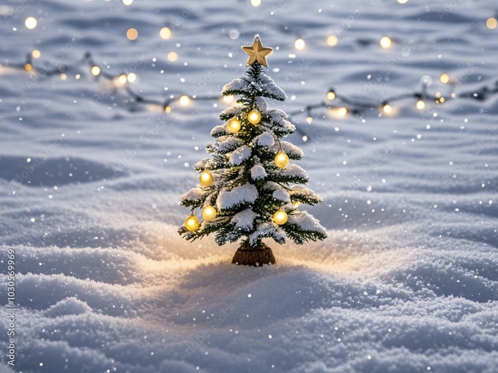 Cozy Christmas decoration with mini Christmas tree and lights on snowy background
