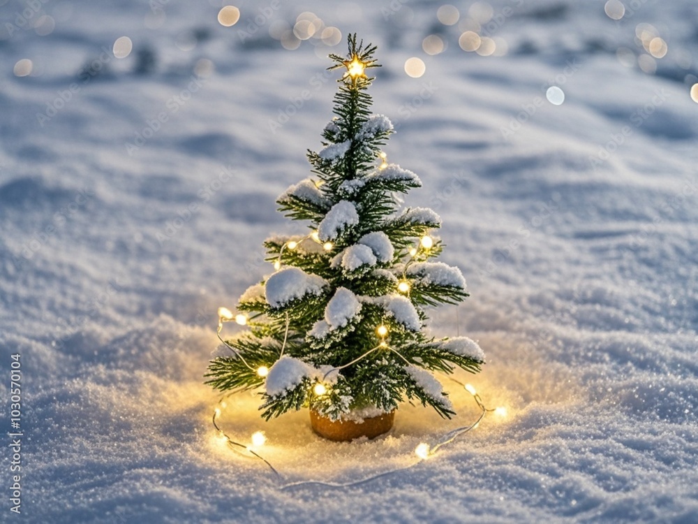 Cozy Christmas decoration with mini Christmas tree and lights on snowy background