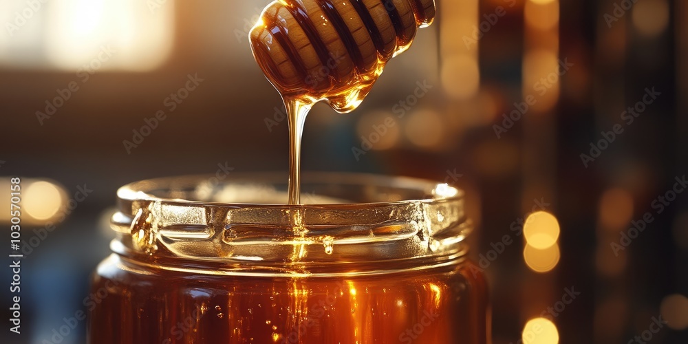 Golden Honey Flowing from Wooden Dipper in Sunlight Golden Honey Flowing from Wooden Dipper in Sunlight