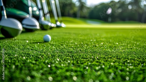 A closeup of a perfectlymanicured tee area with vibrant green grass and a row of highend golf clubs lined up neatly on a golf cart.