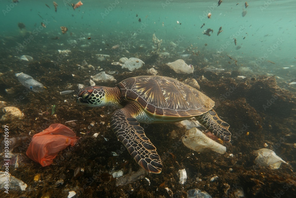 Obraz premium A turtle swimming through polluted ocean waters, surrounded by plastic bags and bottles
