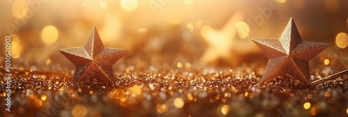 Gold glitter background with golden stars and party poppers, for christmas and new years eve 