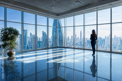 A professional woman gazes out over a bustling city skyline from a modern skyscraper office in the early morning light photo