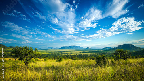 Expansive landscape with lush greenery and mountains.