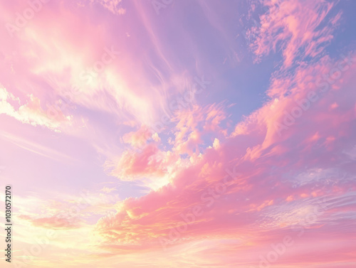 Light pink clouds in sunset blue sky. Pastel colors of clouds, sunrise sundown natural background