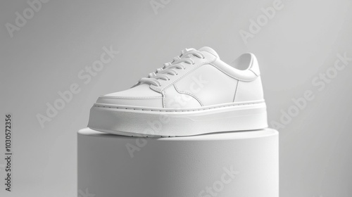 A stylish white sneaker displayed on a pedestal against a neutral background, showcasing its design and features for branding purposes.