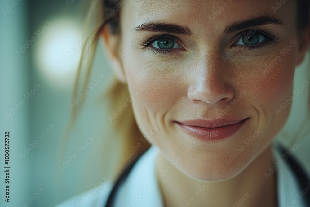 Caring Female Physician Smiling in Medical Environment Caring Female Physician Smiling in Medical Environment