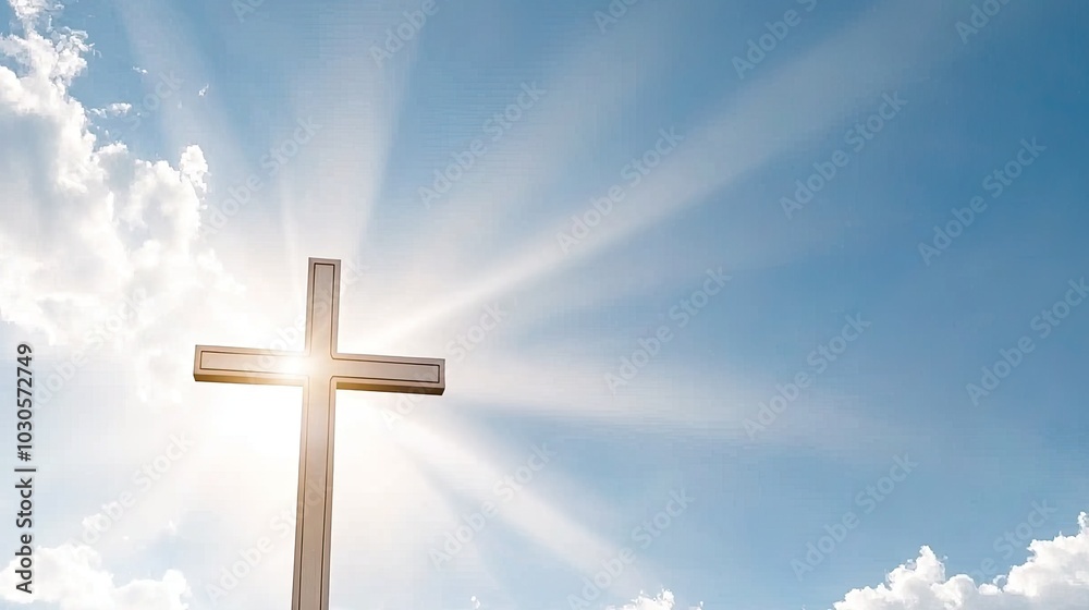 A stunning golden cross shines brightly in the sky, surrounded by rays of light during twilight, representing a powerful symbol of faith and inspiration for believers A stunning golden cross shines brightly in the sky, surrounded by rays of light during twilight, representing a powerful symbol of faith and inspiration for believers