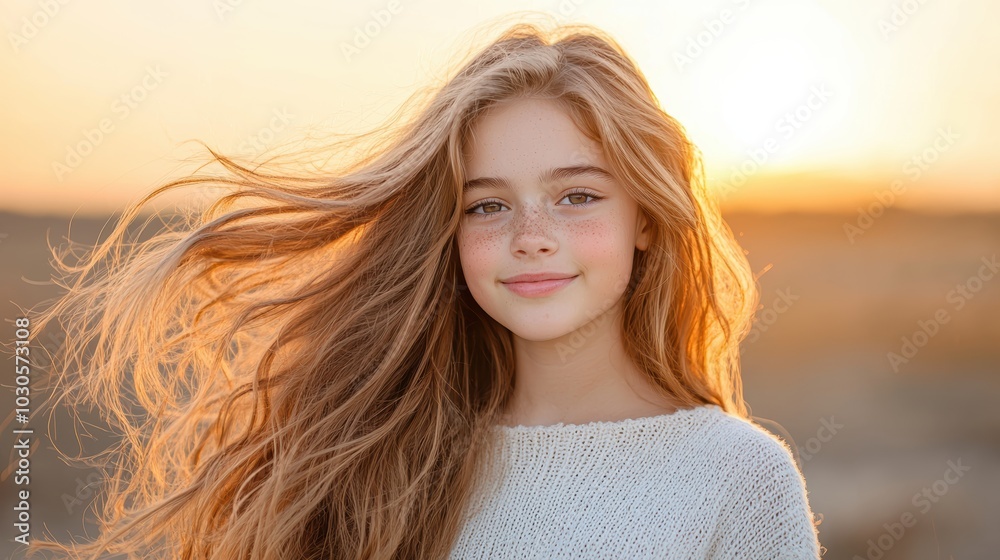 A teenage girl with long, flowing hair smiles at sunset, capturing a moment of joy and serenity. The warm light enhances her natural beauty against a stunning landscape. A teenage girl with long, flowing hair smiles at sunset, capturing a moment of joy and serenity. The warm light enhances her natural beauty against a stunning landscape.