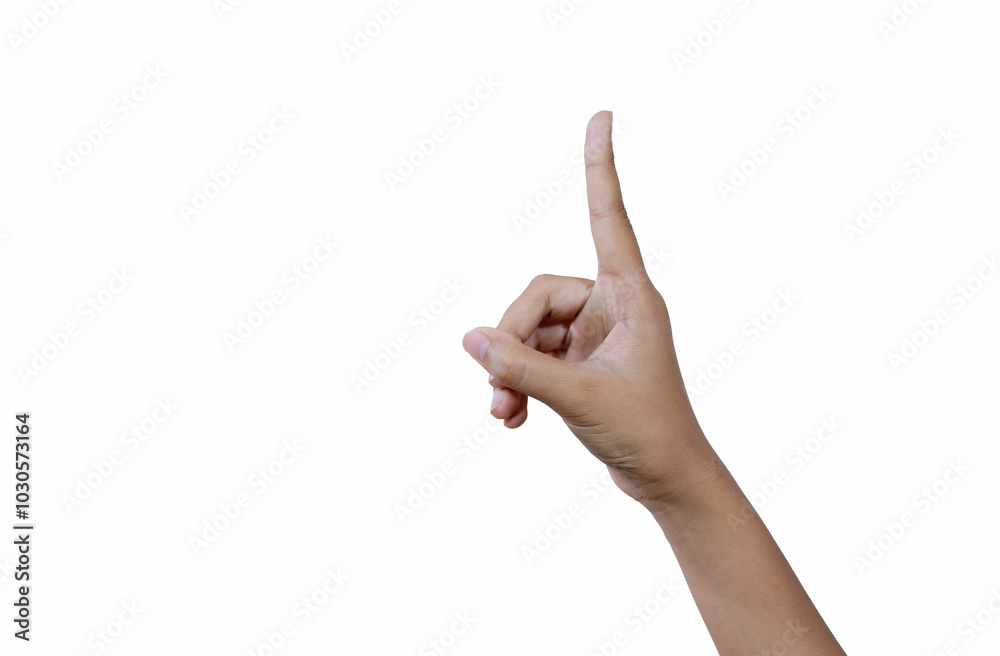 Female hand points to something with her index finger on white background with clipping path. Female hand points to something with her index finger on white background with clipping path.