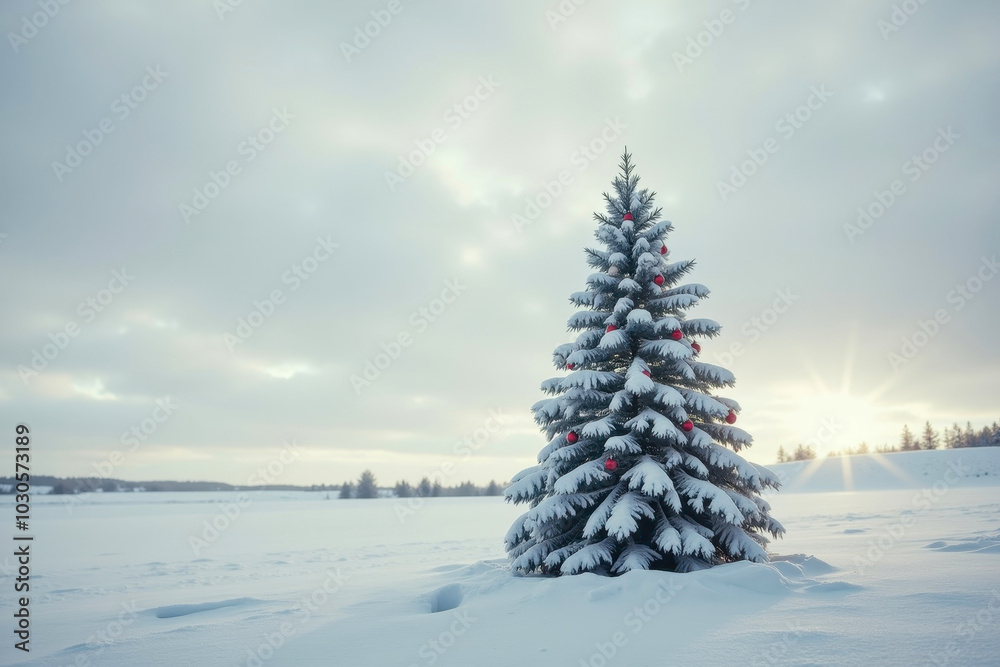 A snowy forest scene featuring a decorated Christmas tree surrounded by tall evergreen trees in a serene winter landscape.