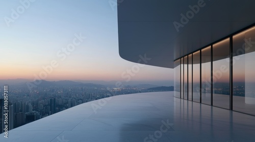 A stunning modern viewing platform offering a breathtaking perspective of the city skyline. The design features sleek lines and expansive glass, providing a tranquil experience at twilight.