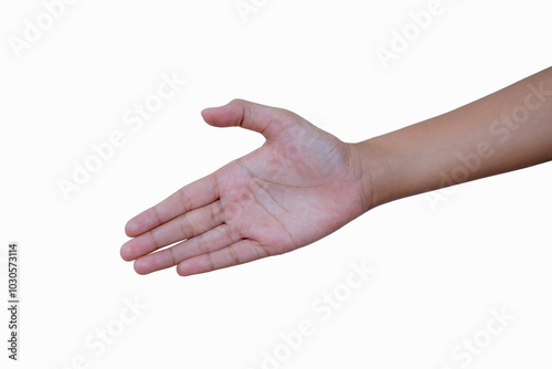 woman hands extended forward to shake hands or grab something on white background business concept.