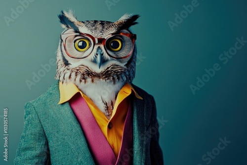 Owl in glasses and a colorful suit, isolated on a grey background. photo