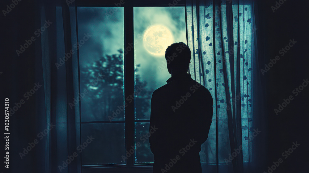 Fototapeta premium A man is standing in front of a window looking out at the moon