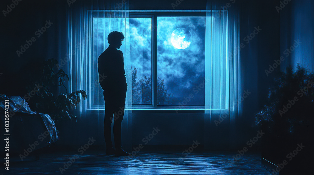 A man is standing in front of a window looking out at the moon A man is standing in front of a window looking out at the moon