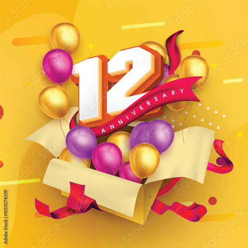 12 anniversary logo template on a gift box with a yellow background and balloons. 12nd anniversary celebration featuring a red ribbon and balloons. Gift box concept for an anniversary invitation card.