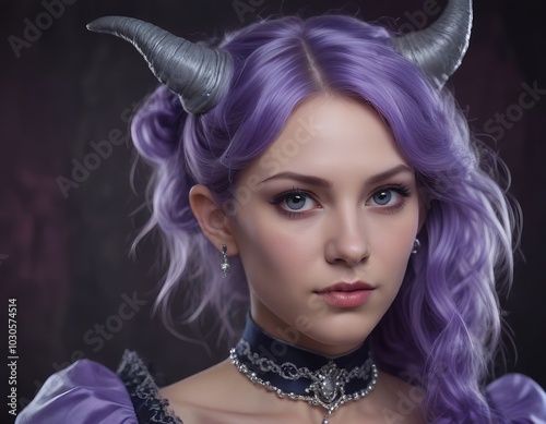  woman with purple hair and horns on her head. photo