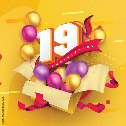 19 anniversary logo template on a gift box with a yellow background and balloons. 19th anniversary celebration featuring a red ribbon and balloons. Gift box concept for an anniversary invitation card.