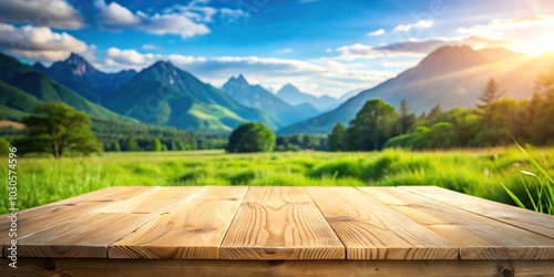 High angle view of wooden table top with blur mountain and grass field background