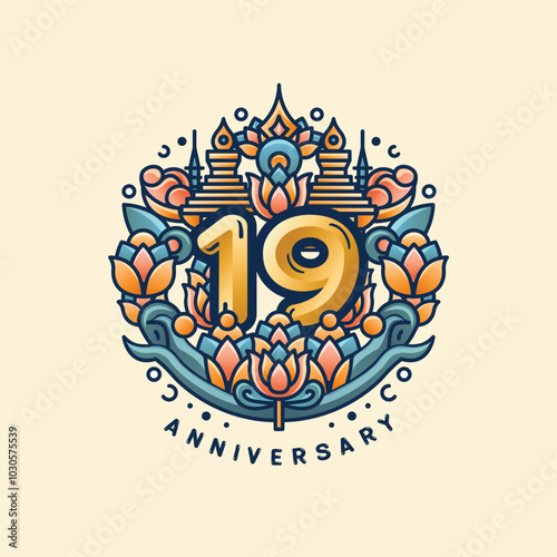 A 19th anniversary logo on a cream and brown pastel background, with a golden '19' surrounded by lotus flowers and Thai stupas. Soft orange, teal, and gold blend to reflect elegance and culture.