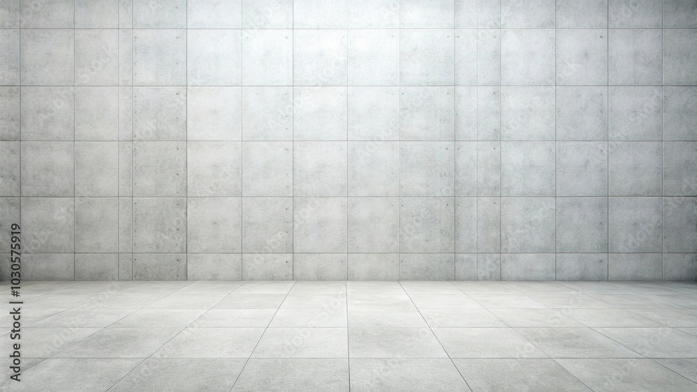 High angle white textured concrete wall and white tiled floor High angle white textured concrete wall and white tiled floor