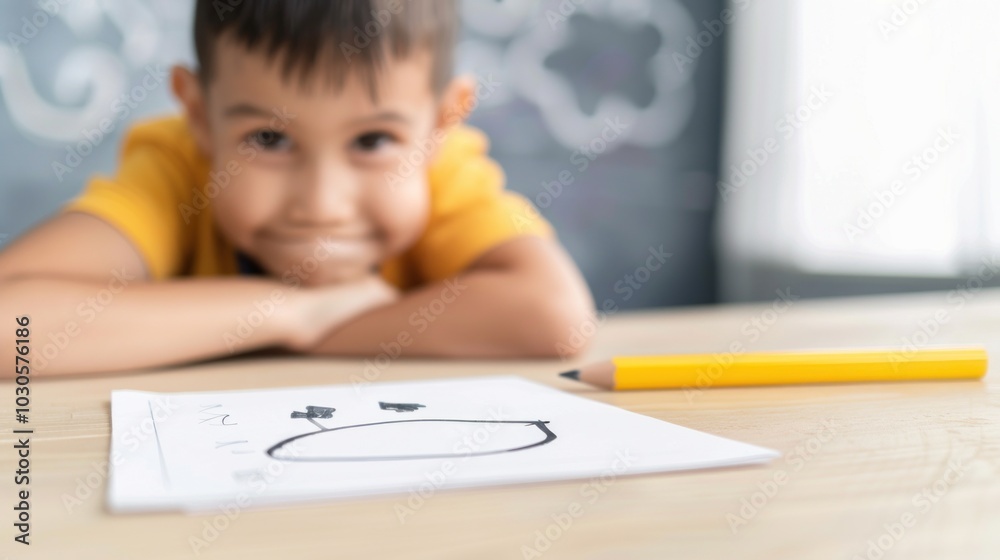 Smiling child with pencil drawing on paper in classroom setting Smiling child with pencil drawing on paper in classroom setting