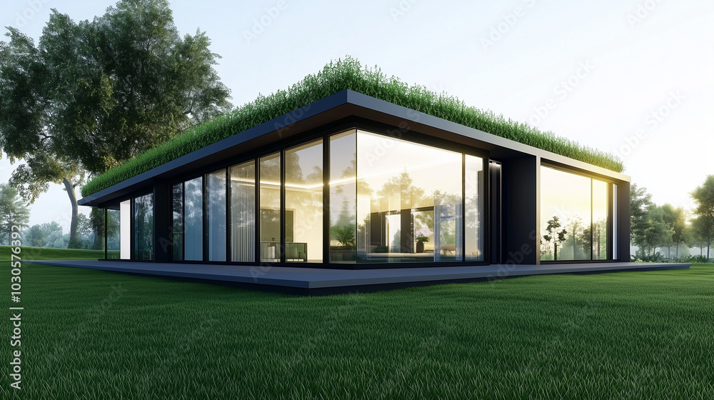 A stylized eco-friendly home with a green leaf roof and large glass windows, representing environmental harmony and modern design, set against a simple white backdrop. A stylized eco-friendly home with a green leaf roof and large glass windows, representing environmental harmony and modern design, set against a simple white backdrop.