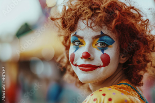 A woman with curly red hair, wearing colorful clown makeup and costume at an amusement park during the circus.