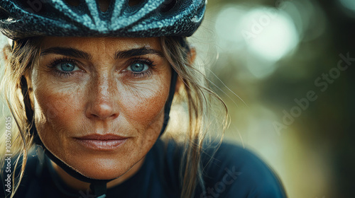 Woman cyclist portrait with intense gaze and helmet