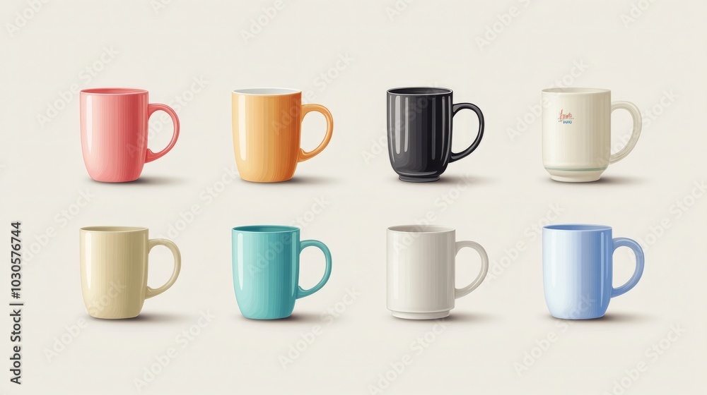 A collection of colorful mugs arranged in a grid pattern. A collection of colorful mugs arranged in a grid pattern.
