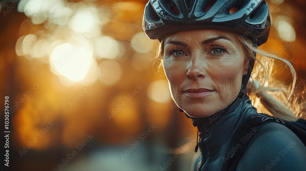 Female cyclist in autumn setting with helmet on Female cyclist in autumn setting with helmet on