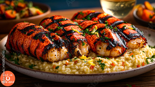 Grilled lobster tails on creamy risotto. photo