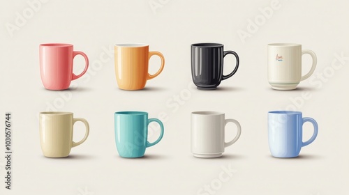 A collection of colorful mugs arranged in a grid pattern.