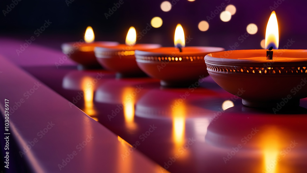 three traditional clay oil lamps, or diyas, festival celebration, Indian culture, Diwali decor