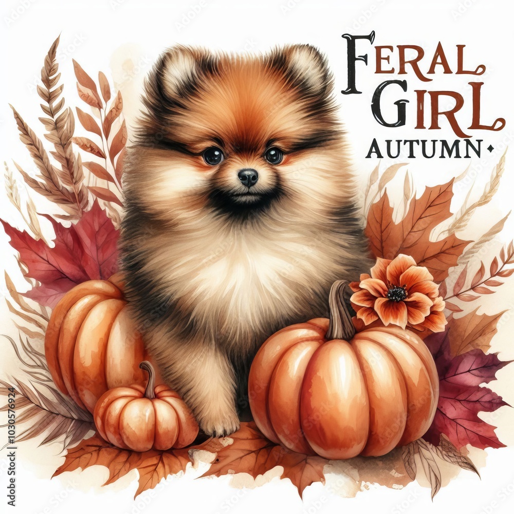 A cute Pomeranian surrounded by autumn leaves and pumpkins.