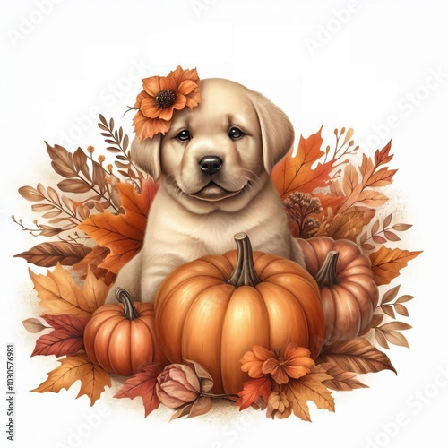 A cute puppy surrounded by autumn leaves and pumpkins.