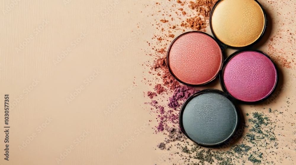 Colorful cosmetic powders arranged with scattered pigments. Colorful cosmetic powders arranged with scattered pigments.