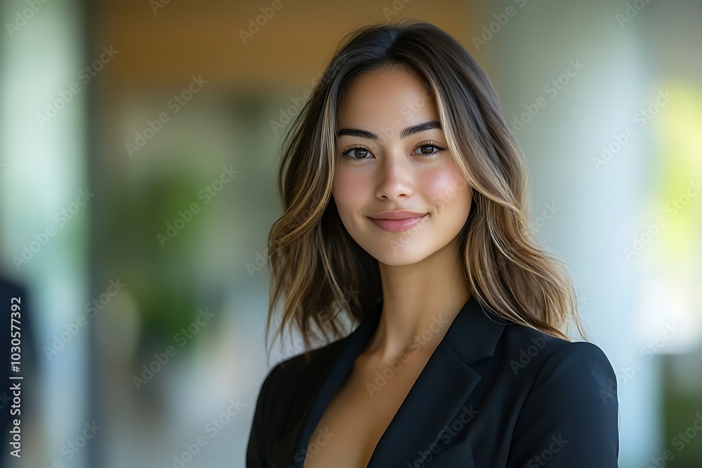 Young Businesswoman in Blazer Smiling at Office Young Businesswoman in Blazer Smiling at Office