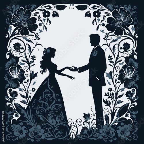 Adobe Illustrator Artwork, A silhouette of a woman and a woman in a dress in a floral print, A silhouette of a bride and groom in a floral frame, A poster for a wedding, A couple silhouette