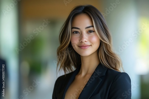 Young Businesswoman in Blazer Smiling at Office