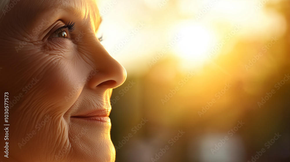 A close-up of a senior womanâÂÂs face, her wrinkles softened by the golden light of sunset, smiling softly with a look of deep peace and positive aging. A close-up of a senior womanâÂÂs face, her wrinkles softened by the golden light of sunset, smiling softly with a look of deep peace and positive aging.