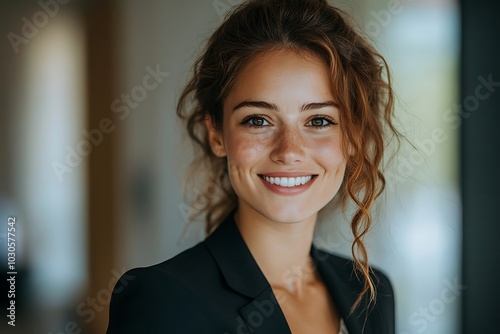 Young Businesswoman with Blue Eyes Smiling Confidently