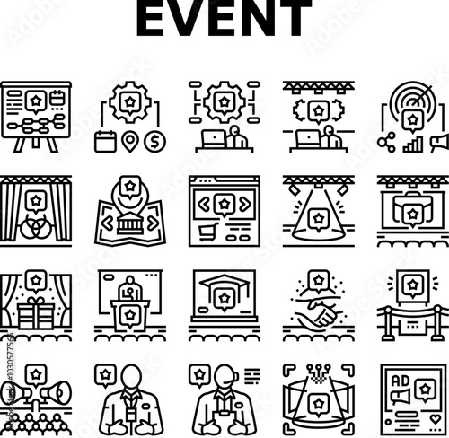 event agency party business icons set vector. birthday wedding organization, corporate conference, presentation management, gala event agency party business black contour illustrations